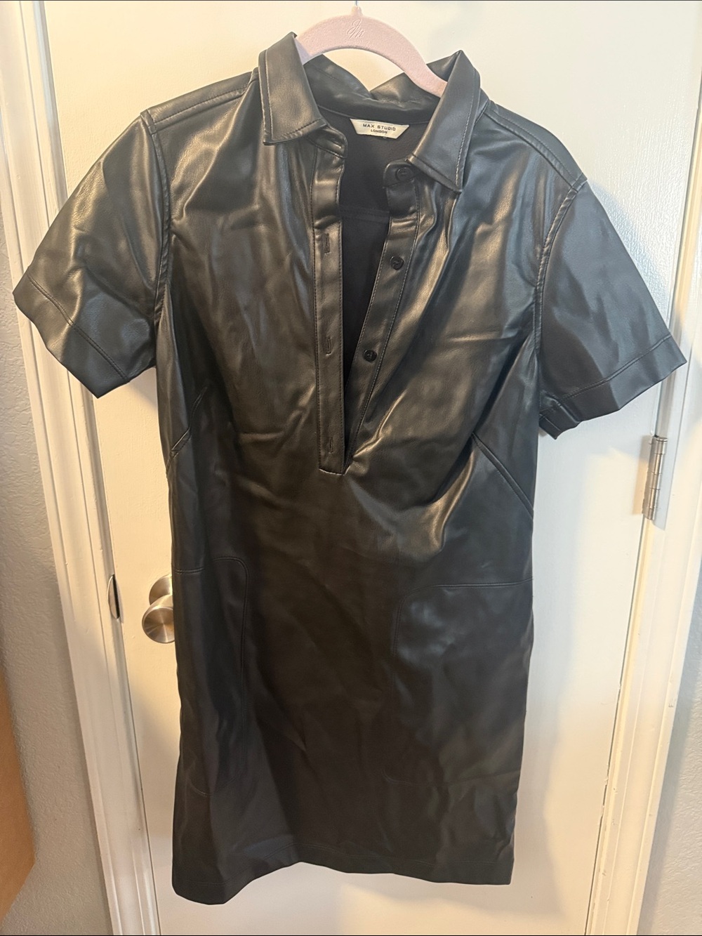 Max Studio Black Short-Sleeve Faux Leather Midi Dress